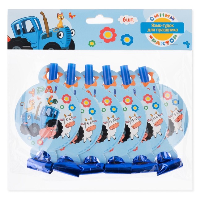 Карнавальные язычки гудки, Синий трактор, Веселое путешествие, 11 см, 6 шт. в упак.