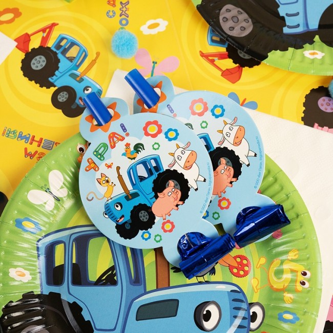 Карнавальные язычки гудки, Синий трактор, Веселое путешествие, 11 см, 6 шт. в упак.