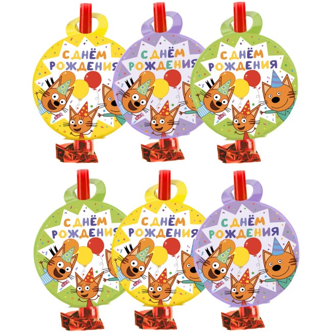 Карнавальные язычки гудки, Три Кота, Играем вместе, Желтый, 11 см, 6 шт. в упак.