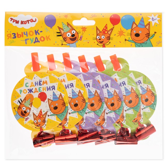 Карнавальные язычки гудки, Три Кота, Играем вместе, Желтый, 11 см, 6 шт. в упак.