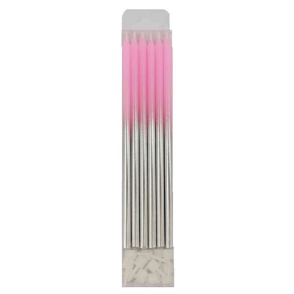 Свечи Металлик Pink/Silver 15 см с держателями, 12 шт.