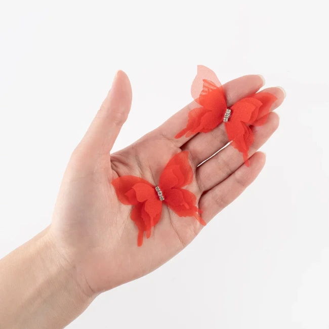 Декоративные бабочки Шифоновые, трехслойные, клеевые точки в компл, Красный, 4,5*5 см, 10 шт.