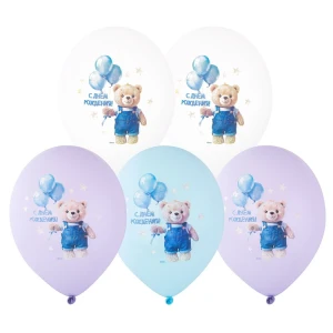 Bb (14''/35 см) Шар с рис С ДР Мишка с шарами 5цв, 25 шт.