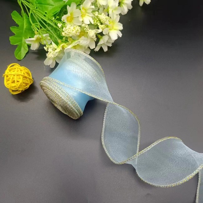 Лента декоративная (4 см*9,14 м) Органза с леской, Золотая кайма, Голубой, 1 шт.