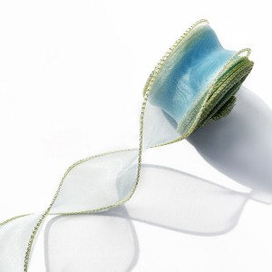 Лента декоративная (4 см*9,14 м) Органза с леской, Золотая кайма, Голубой, 1 шт.