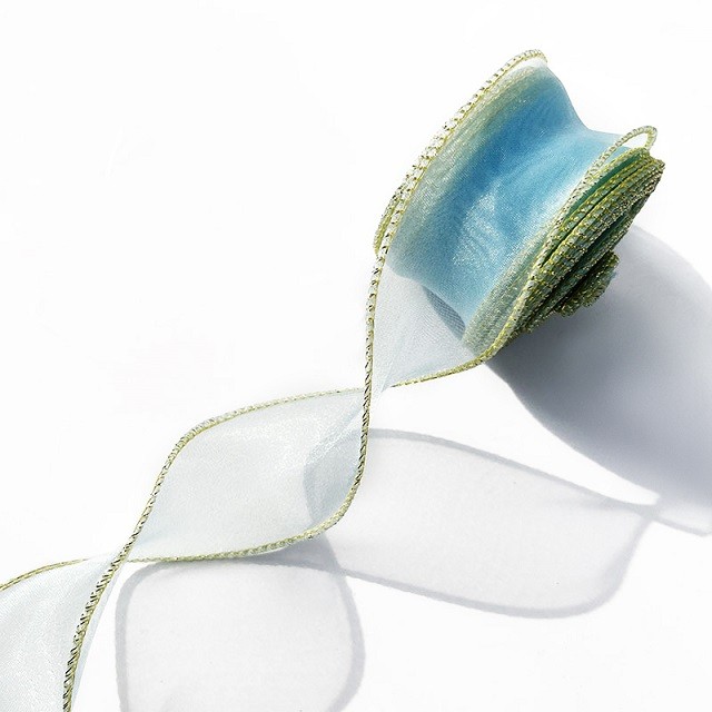 Лента декоративная (4 см*9,14 м) Органза с леской, Золотая кайма, Голубой, 1 шт.