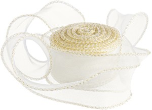 Лента декоративная (4 см*9,14 м) Органза с леской, Золотая кайма, Кремовый, 1 шт.