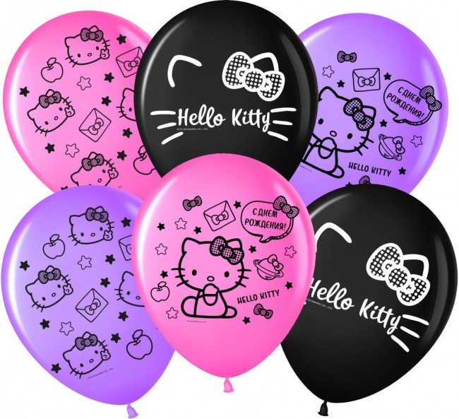 Вв (12"/30 см) Hello Kitty, С Днем Рождения!, Ассорти, пастель, 2 ст, 25 шт.