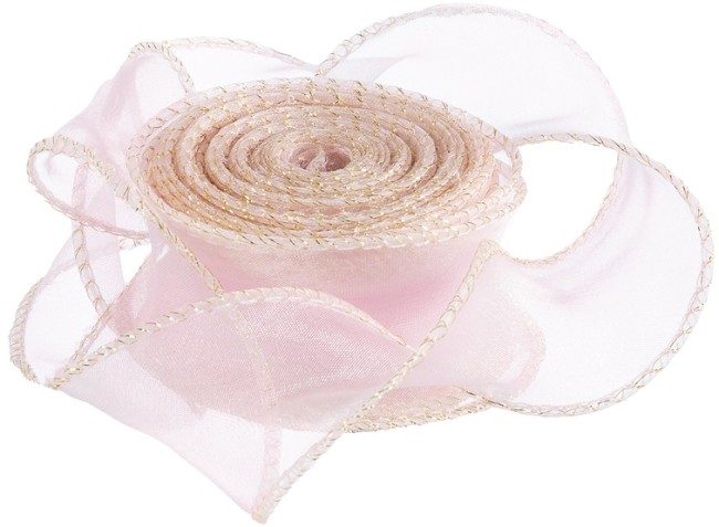 Лента декоративная (4 см*9,14 м) Органза с леской, Золотая кайма, Розовая сирень, 1 шт.