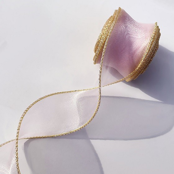 Лента декоративная (4 см*9,14 м) Органза с леской, Золотая кайма, Розовая сирень, 1 шт.