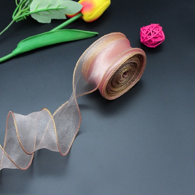Лента декоративная (4 см*9,14 м) Органза с леской, Золотая кайма, Розовый, 1 шт.
