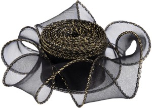 Лента декоративная (4 см*9,14 м) Органза с леской, Золотая кайма, Черный, 1 шт.