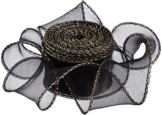 Лента декоративная (4 см*9,14 м) Органза с леской, Золотая кайма, Черный, 1 шт.