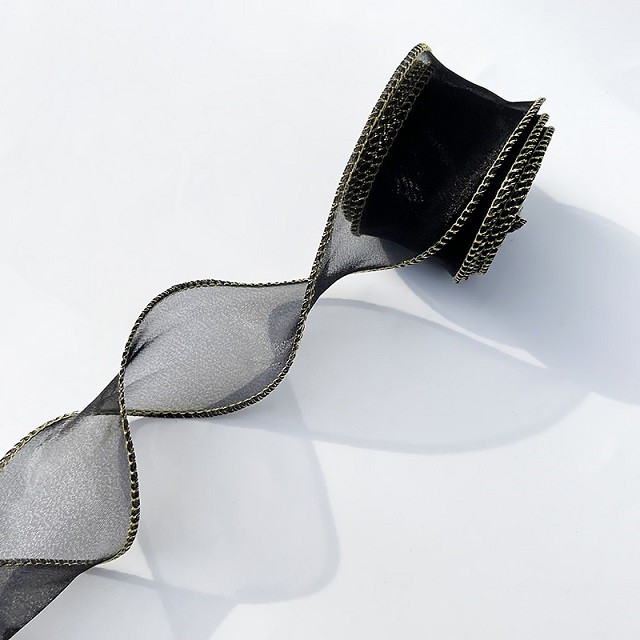 Лента декоративная (4 см*9,14 м) Органза с леской, Золотая кайма, Черный, 1 шт.