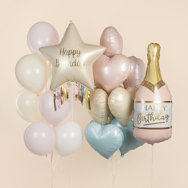 Gr (32''/81 см) Фигура, Бутылка Шампанское, Happy Birthday, Розовый, Сатин, 1 шт. в уп.