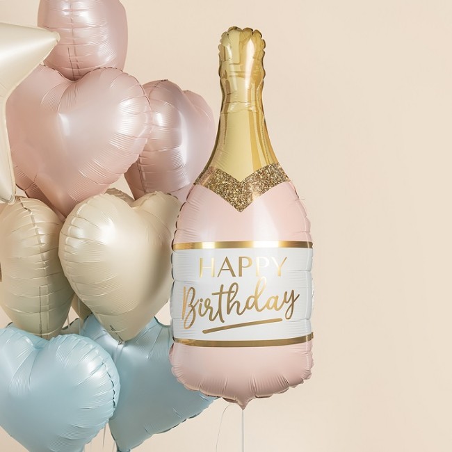 Gr (32''/81 см) Фигура, Бутылка Шампанское, Happy Birthday, Розовый, Сатин, 1 шт. в уп.
