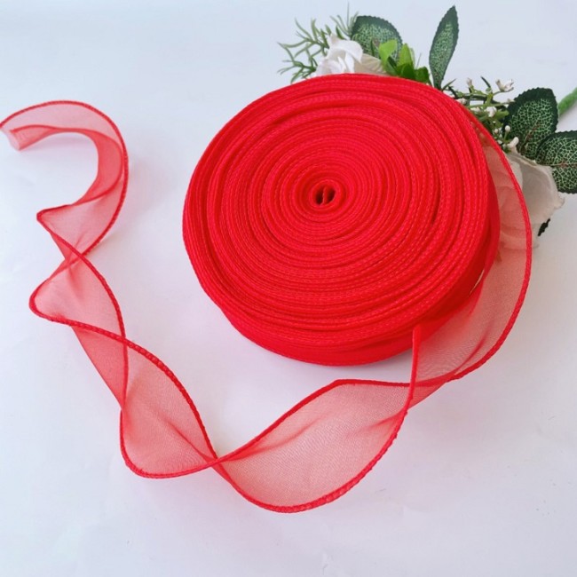 Лента декоративная (4 см*9,14 м) Органза с леской, Красный, 1 шт.