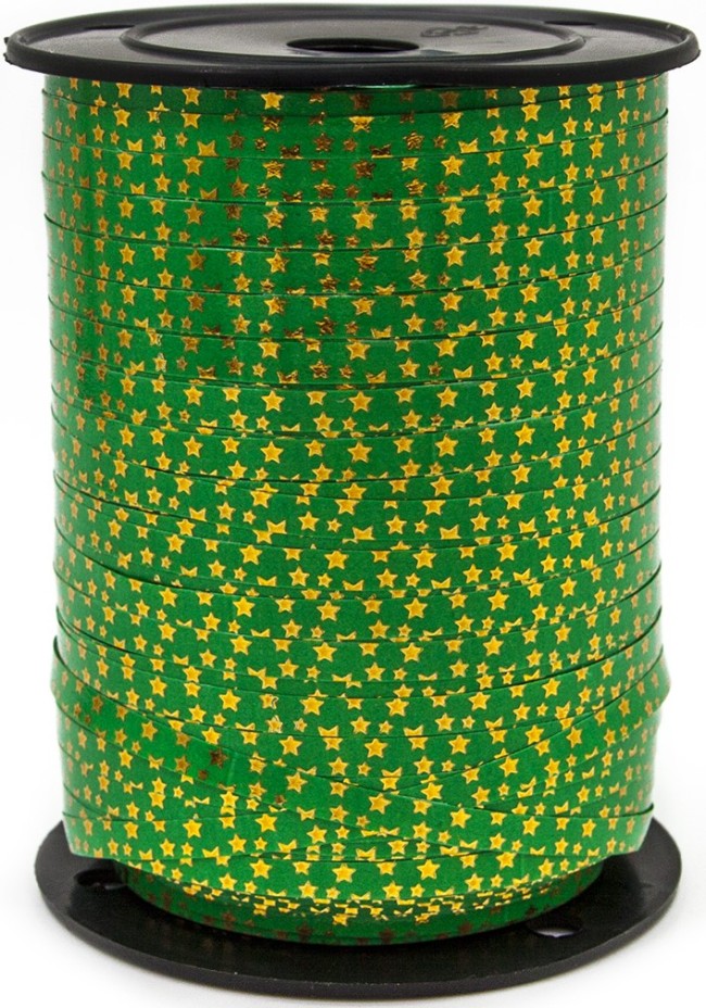 Лента (0,5 см*250 м) Золотые звезды, Зеленый, Металлик, 1 шт.