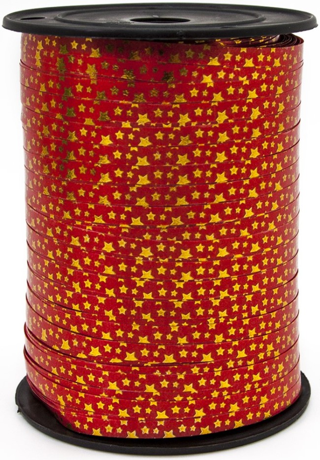 Лента (0,5 см*250 м) Золотые звезды, Красный, Металлик, 1 шт.