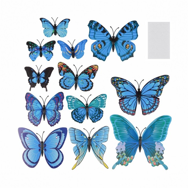 Декоративные бабочки на магните, Объемные, Голубой, 4,5-12 см*12 шт, 1 упак.