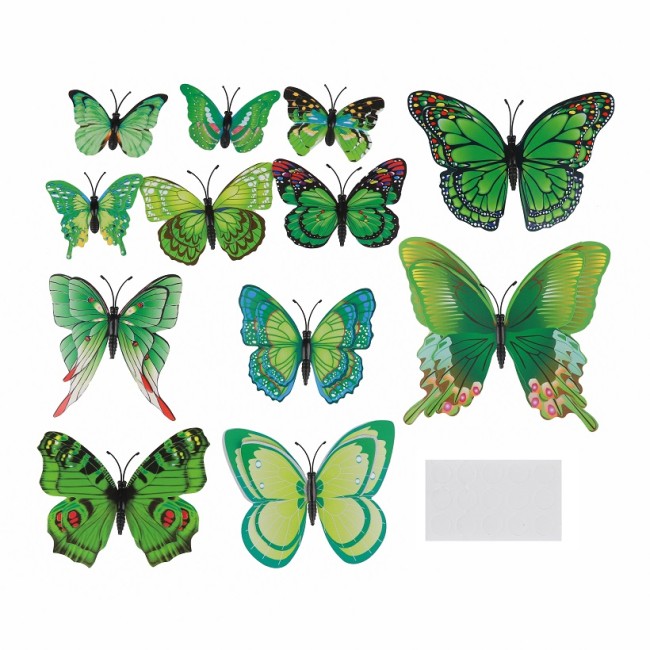 Декоративные бабочки на магните, Объемные, Зеленый, 4,5-12 см*12 шт, 1 упак.