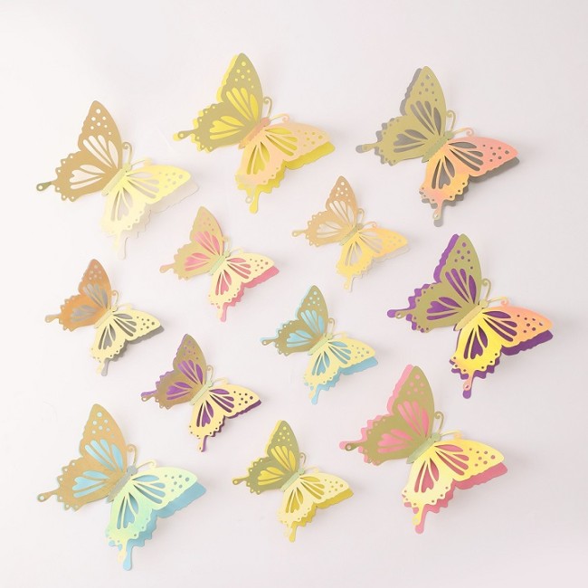 Наклейки Бабочки 3D, Двуслойные, Золото, Голография, 8-11 см*12 шт, 1 упак.