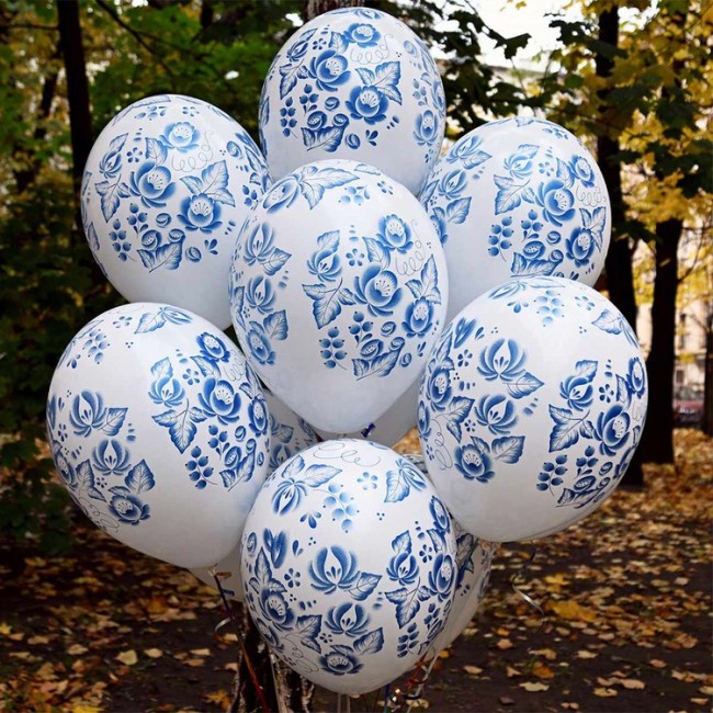 Bb (14''/35 см) Шелкография пастель Синие Узоры, 25 шт.