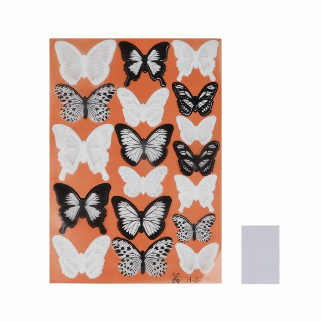 Наклейки Элегантные бабочки, Черный/Белый, с блестками, 5-7 см*18 шт, 1 упак.