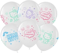 Вв (12"/30 см) Hello Kitty, С Днем Рождения!, Белый (200)/Прозрачный (600), кристалл, 4 ст, 25 шт.