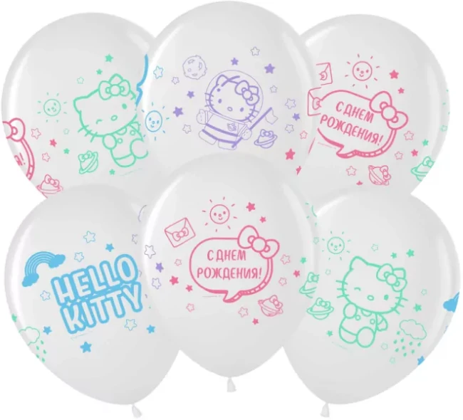 Вв (12''/30 см) Hello Kitty, С Днем Рождения!, Белый (200)/Прозрачный (600), кристалл, 4 ст, 25 шт.