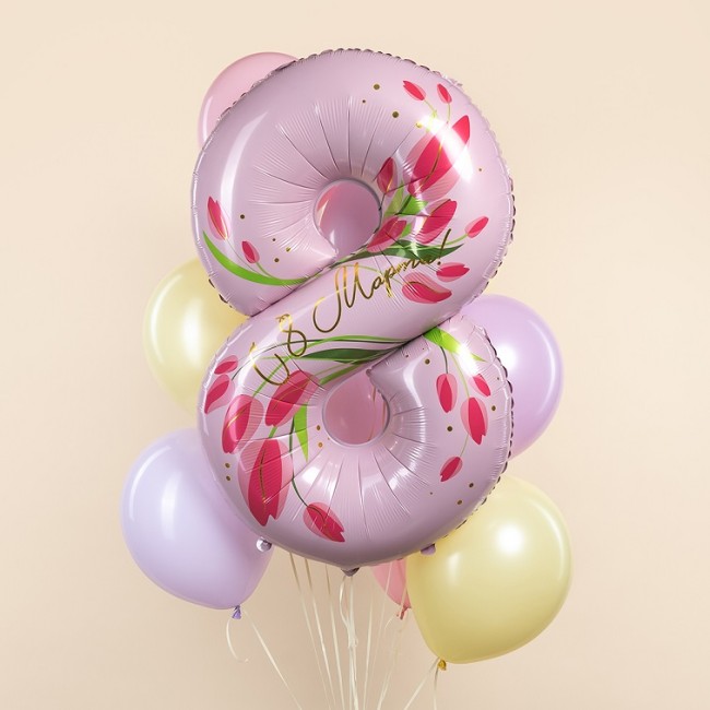 Fa (34''/86 см) Цифра, 8 Марта, Тюльпаны, 1 шт. в уп.