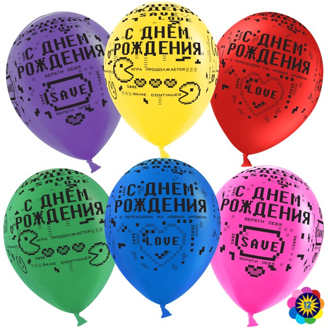 Вв (12"/30 см) С Днем Рождения (пиксели), Ассорти, лайт, пастель, 5 ст, 25 шт.