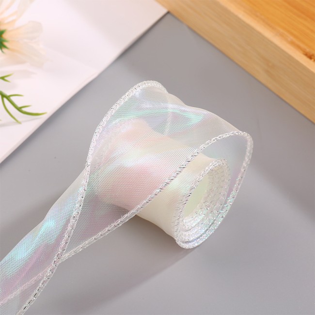 Лента декоративная (4 см*9,14 м) Органза с леской, Кремовый жемчуг, Хамелеон, 1 шт.