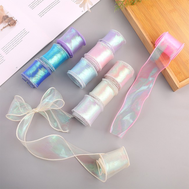 Лента декоративная (4 см*9,14 м) Органза с леской, Кремовый жемчуг, Хамелеон, 1 шт.