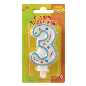 MC Свеча Цифра 3 Голубое Конфетти 7см