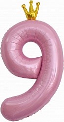 Fa (40"/102 см) Цифра, 9 Золотая корона, Розовый, 1 шт. в упак.