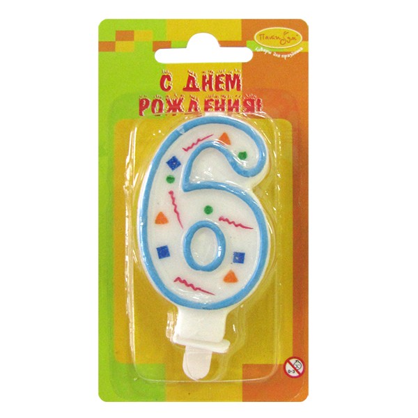 MC Свеча Цифра 6 Голубое Конфетти 7см