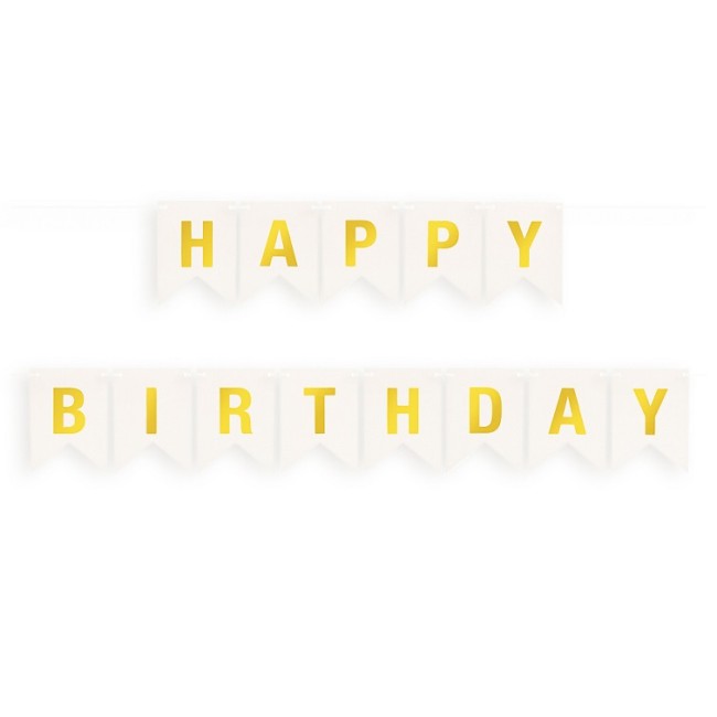 Гирлянда Флажки, Happy Birthday, Белый/Золото, Металлик, 500 см, 16*12 см, 1 упак.