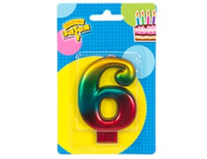 Свеча -цифра "6" Радуга металлик 8см/V