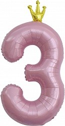 Fa (40"/102 см) Цифра, 3 Золотая корона, Розовый, 1 шт. в упак.