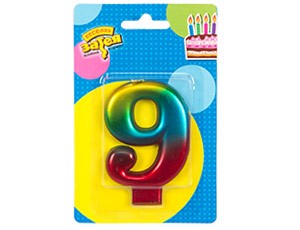 Свеча -цифра "9" Радуга металлик 8см/V
