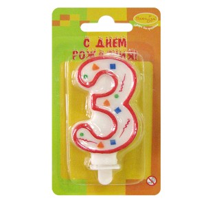 MC Свеча Цифра 3 Красное Конфетти 7см