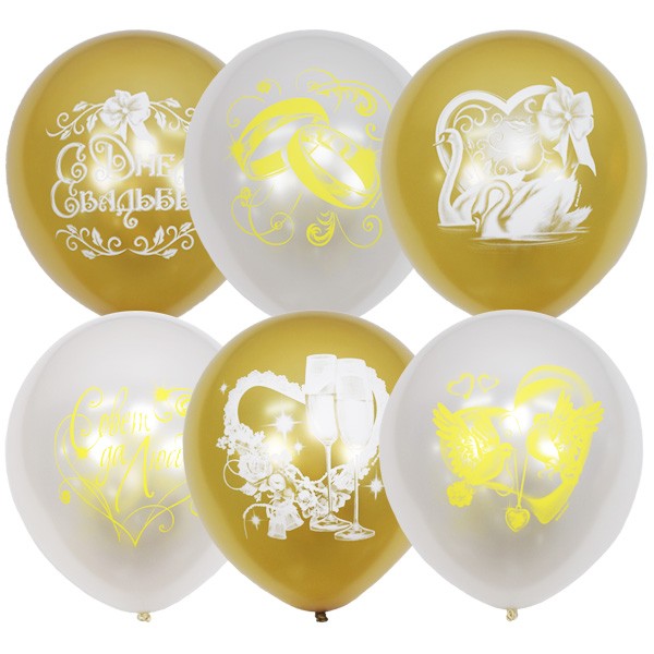 М (12"/30 см) /Перламутр White + Металлик Gold Свадебная тематика (растр) 2ст. рис, 50 шт.