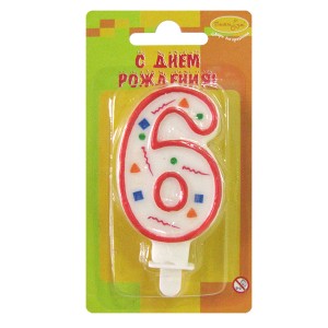 MC Свеча Цифра 6 Красное Конфетти 7см