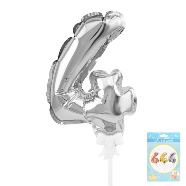 Вх (7"/17,5 см) Цифра-топпер 4 Серебро, трубочка/держатель, 1 шт.