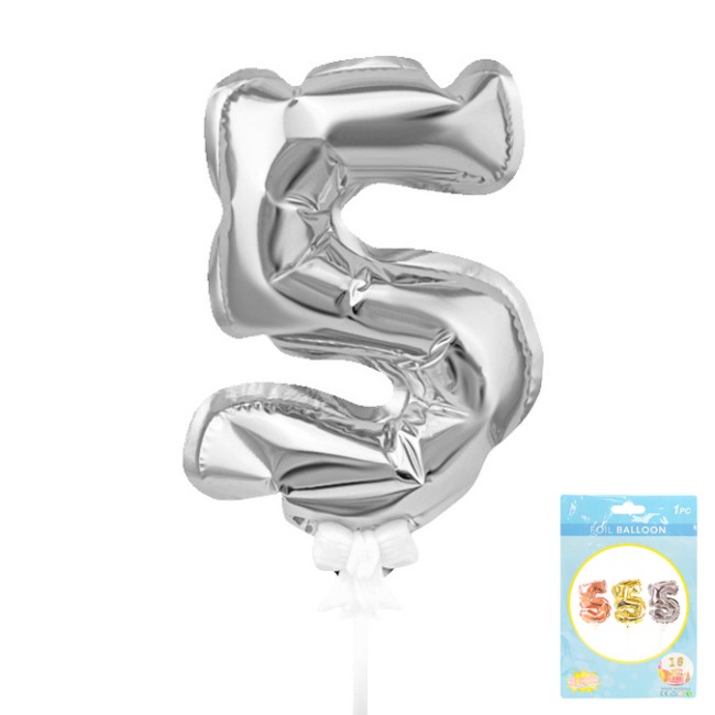Вх (7"/17,5 см) Цифра-топпер 5 Серебро, трубочка/держатель, 1 шт.