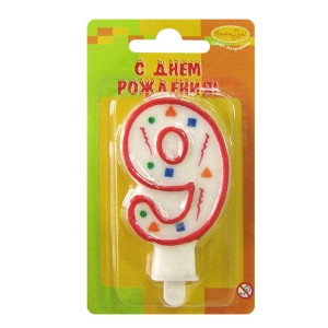 MC Свеча Цифра 9 Красное Конфетти 7см