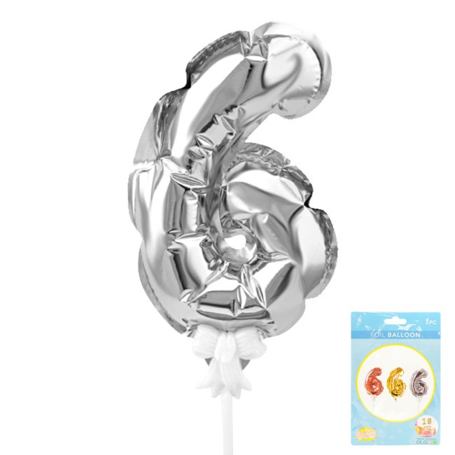 Вх (7"/17,5 см) Цифра-топпер 6 Серебро, трубочка/держатель, 1 шт.