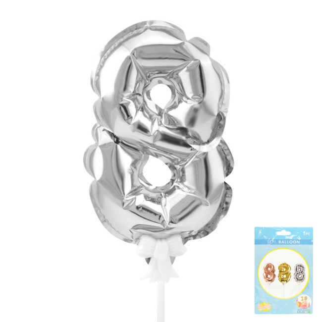 Вх (7"/17,5 см) Цифра-топпер 8 Серебро, трубочка/держатель, 1 шт.