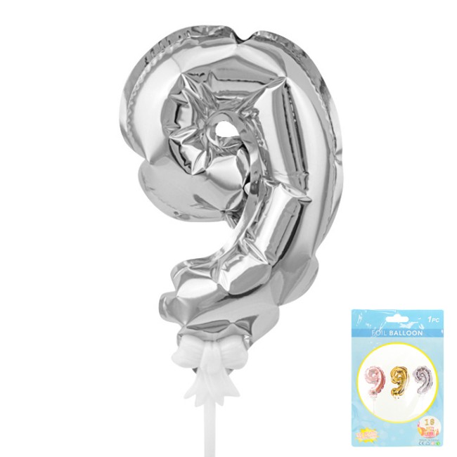 Вх (7"/17,5 см) Цифра-топпер 9 Серебро, трубочка/держатель, 1 шт.